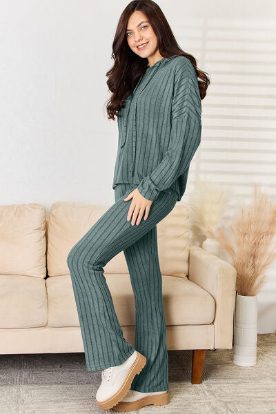 Classic Ribbed Drawstring Hood Top and Pants Lounge Set In Multiple Colors