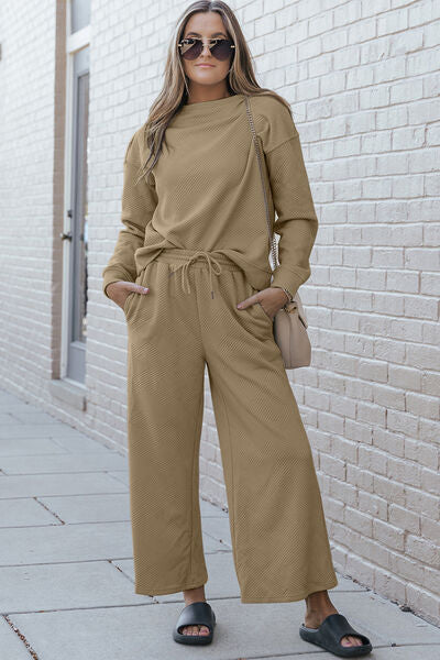 Warehouse|Textured Long Sleeve Top and Drawstring Pants Set In Multiple Colors