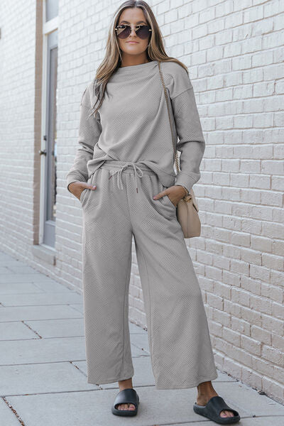 Warehouse|Textured Long Sleeve Top and Drawstring Pants Set In Multiple Colors