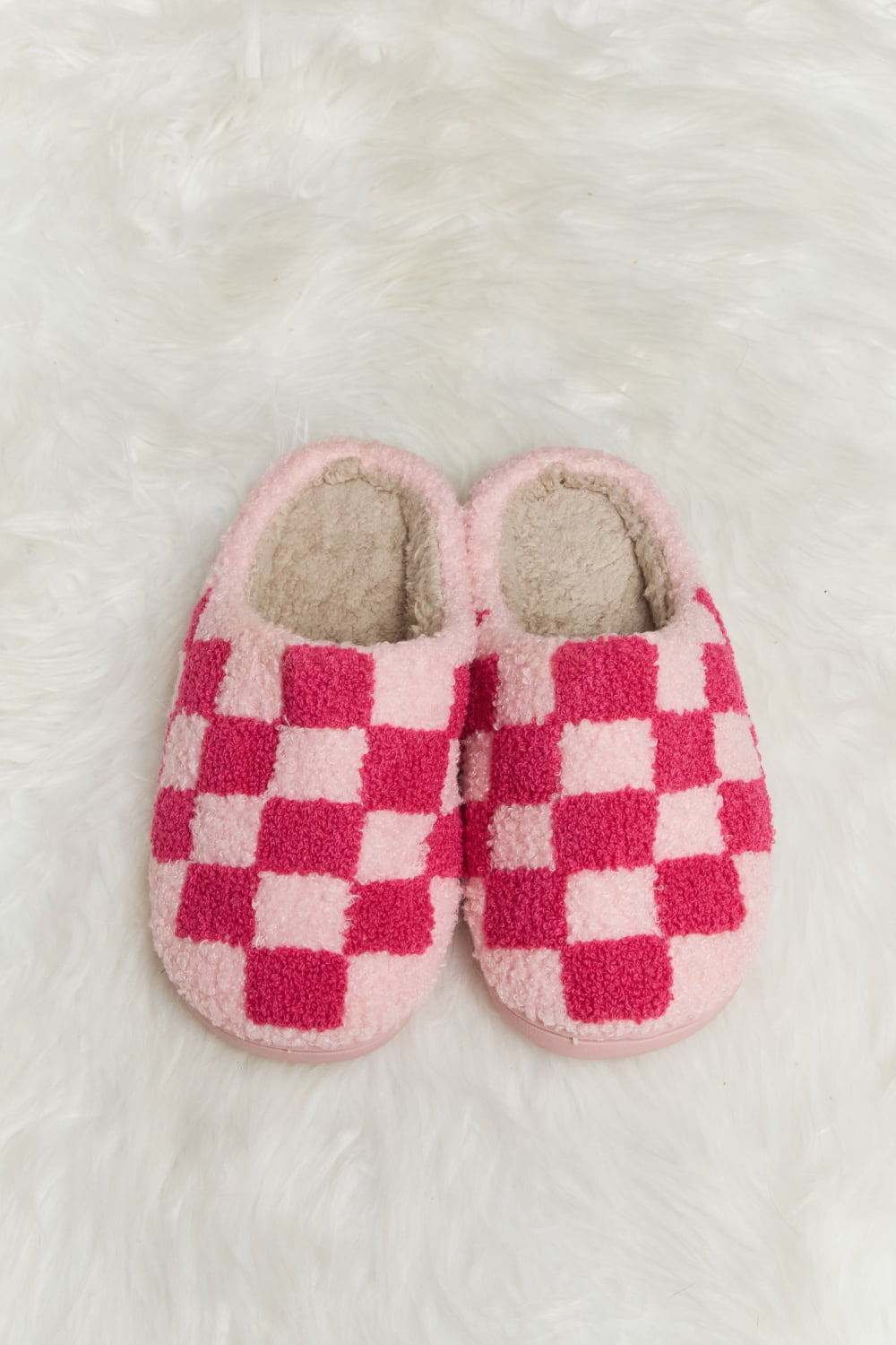 Warehouse|Checkered Print Plush Slide Slippers In Multiple Colors