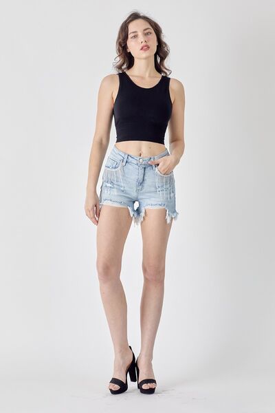 RISEN Frayed Hem Denim Shorts with Rhinestone Fringe Detail Pockets