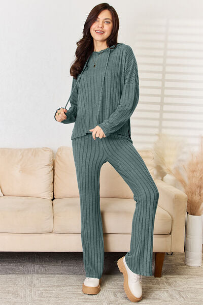 Classic Ribbed Drawstring Hood Top and Pants Lounge Set In Multiple Colors