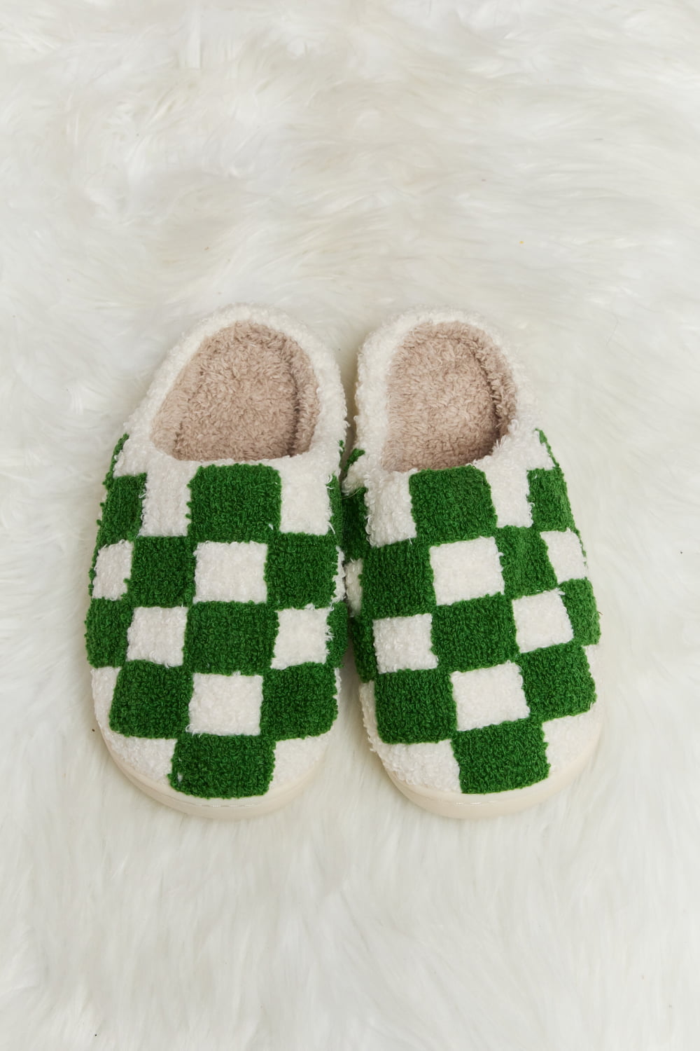 Warehouse|Checkered Print Plush Slide Slippers In Multiple Colors