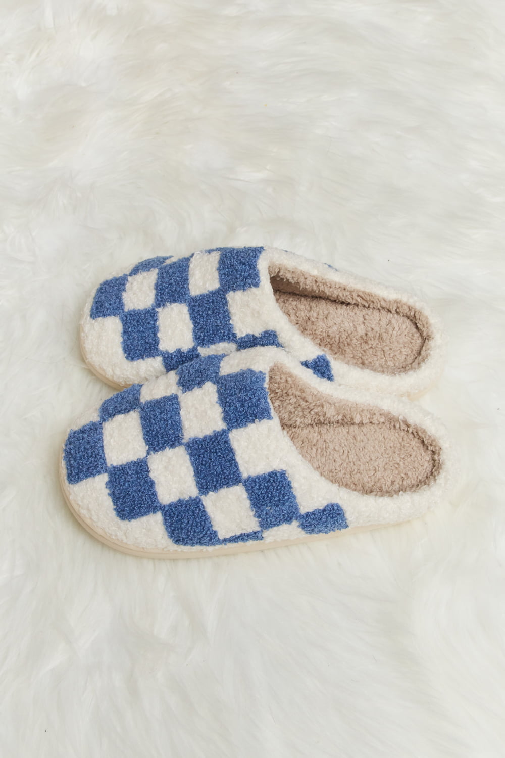 Warehouse|Checkered Print Plush Slide Slippers In Multiple Colors