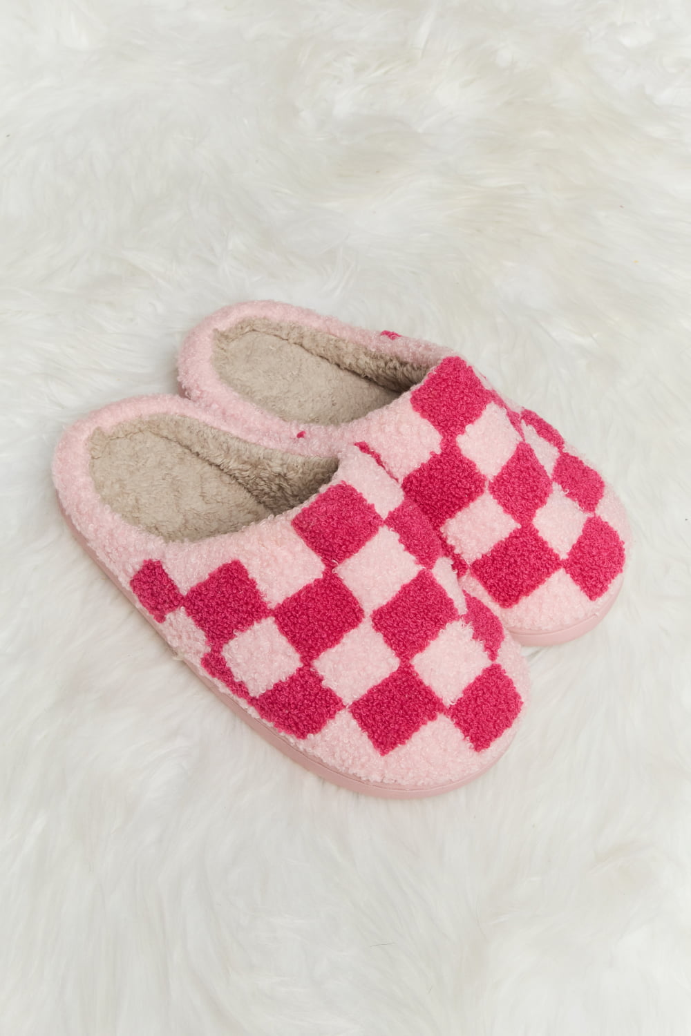 Warehouse|Checkered Print Plush Slide Slippers In Multiple Colors